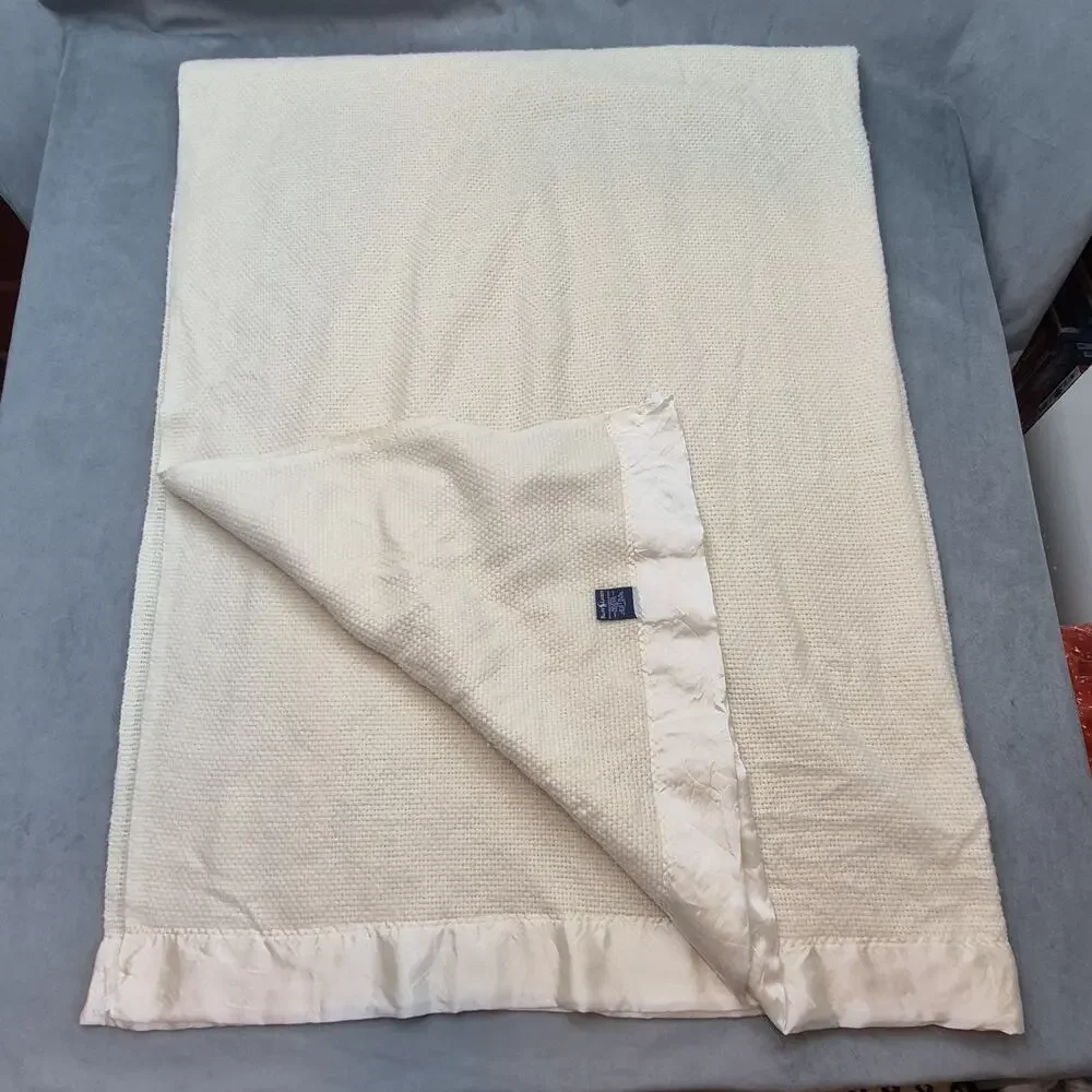 VTG Ralph Lauren Blanket Waffle Weave Satin Binding Acrylic Beige Ivory 68x89